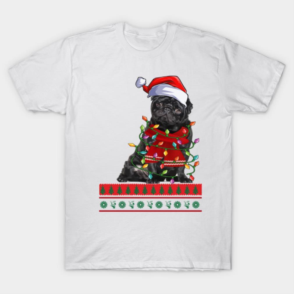 Santa Hat Black Pug Dog Merry Christmas T-Shirt