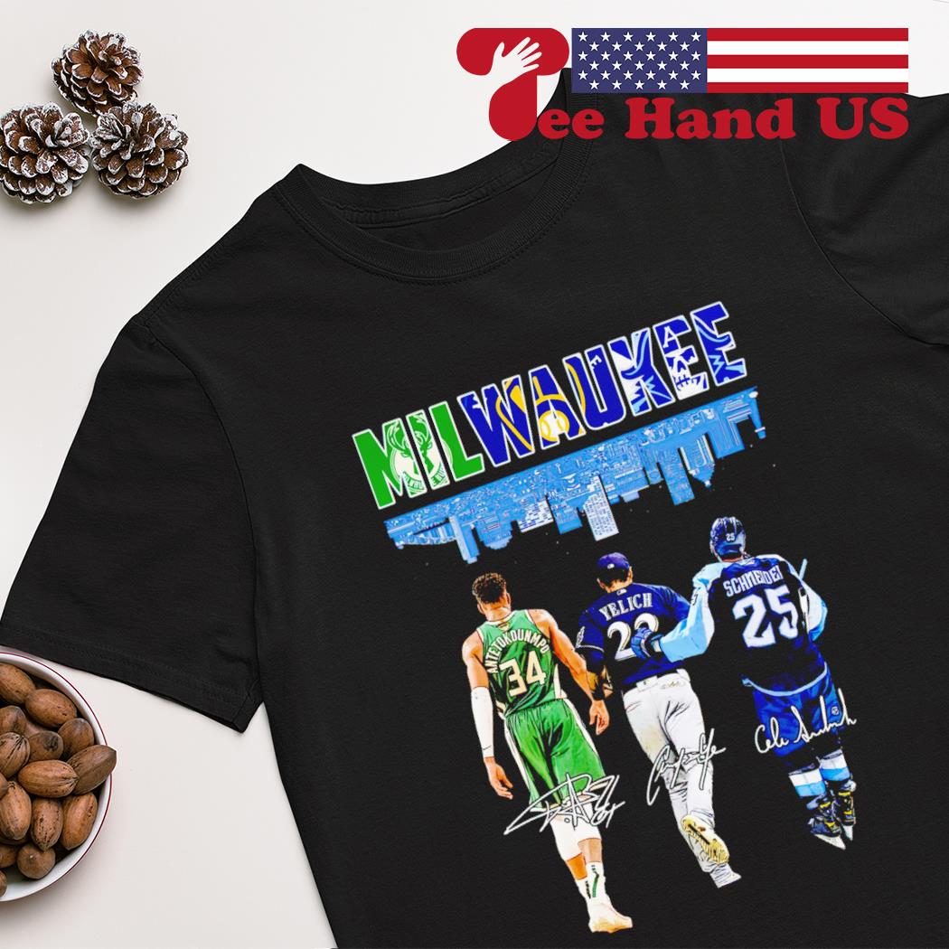 Milwaukee Giannis Antetokounmpo and Yelich and Schneider signatures T-shirt