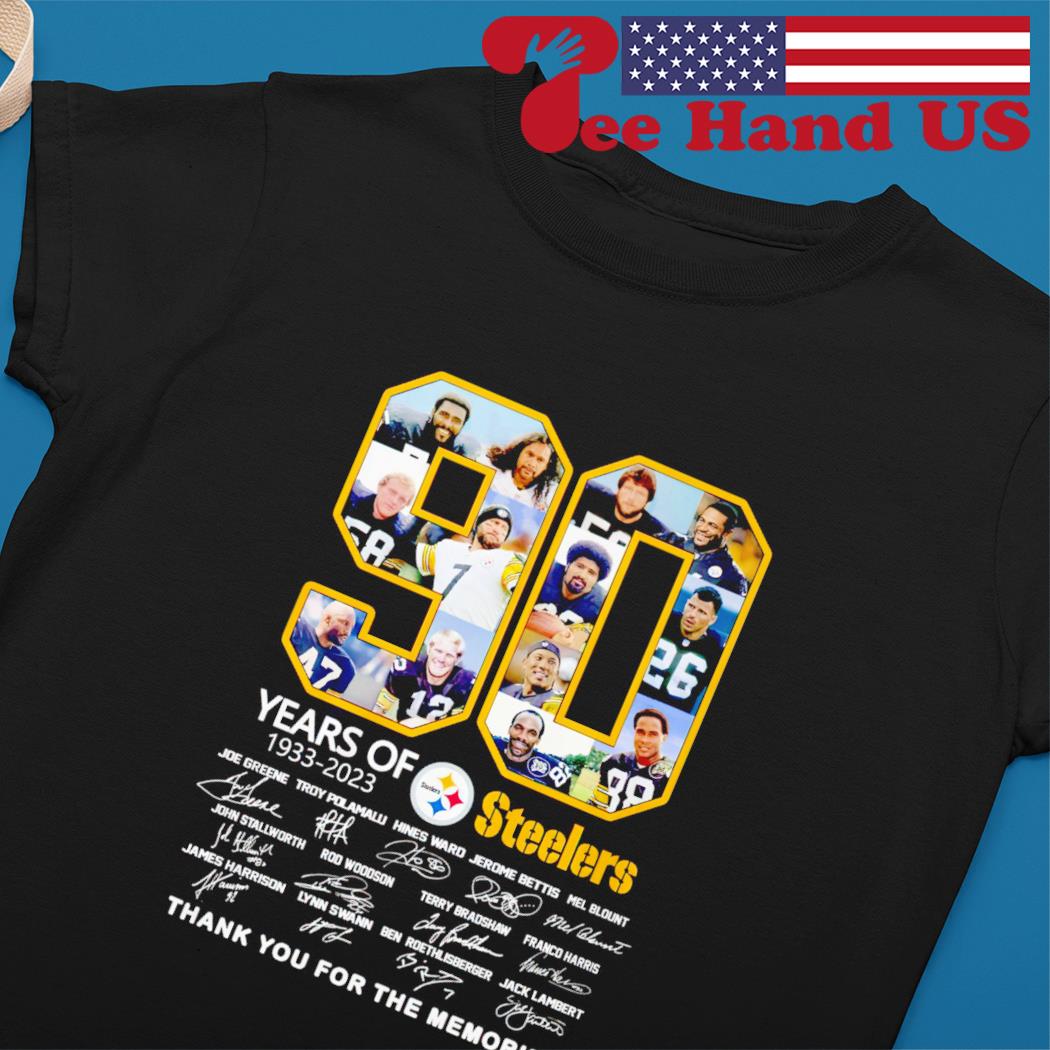 90 years of 1933-2023 Pittsburgh Steelers thank you for the memories  signatures shirt, hoodie, sweater, long sleeve and tank top