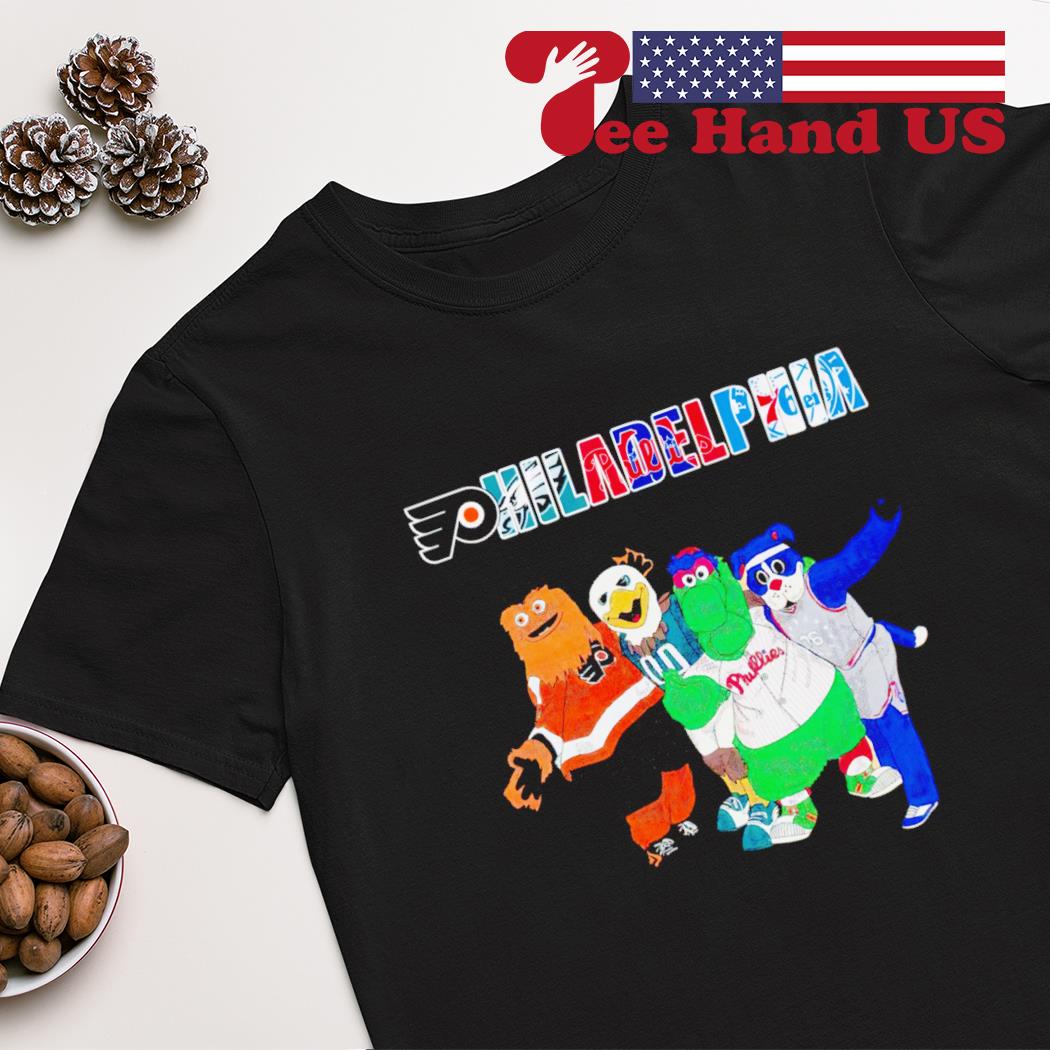 Gritty and Swoop amd Phillie Phanatic and Franklin the Dog Philadelphia sport teams mascots shirt