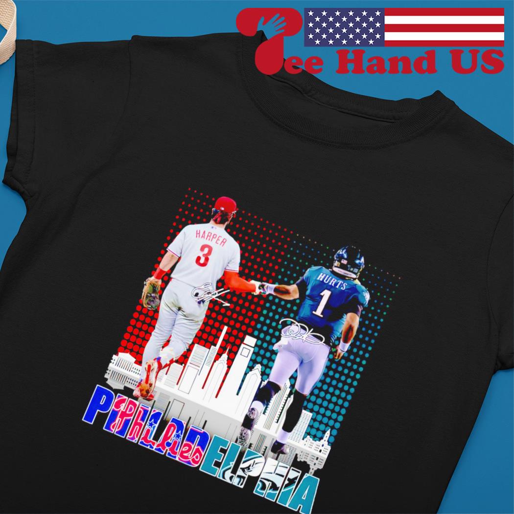 Philadelphia Phillies Bryce Harper And Philadelphia Eagles Jalen Hurts  Skylines Signatures 2023 T-shirt,Sweater, Hoodie, And Long Sleeved, Ladies,  Tank Top