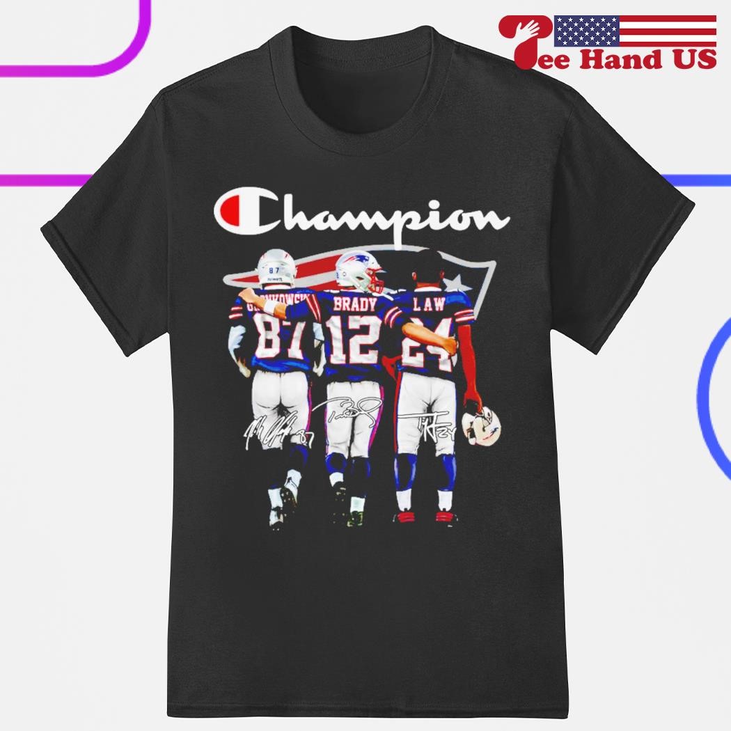 Rob Gronkowski Tom Brady and Law signatures New England Patriotschampion shirt