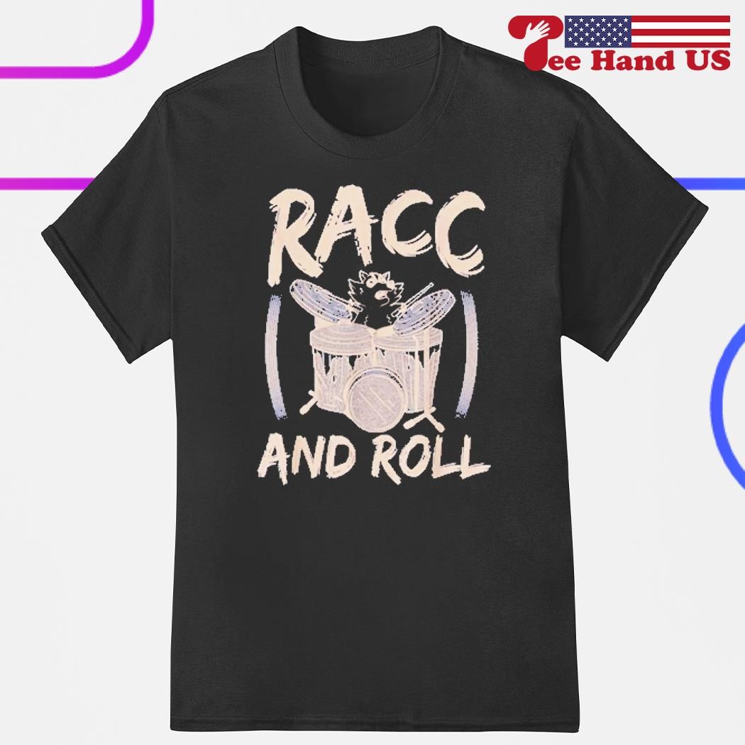 Raccoon plays drum racc and roll shirt