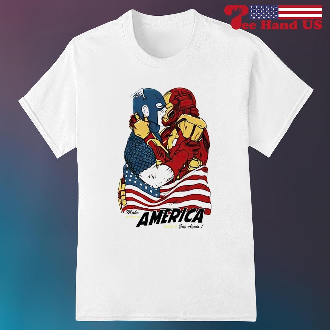 Captain America and Iron Man kissing make American gay again shirt, hoodie,  sweater, long sleeve and tank top