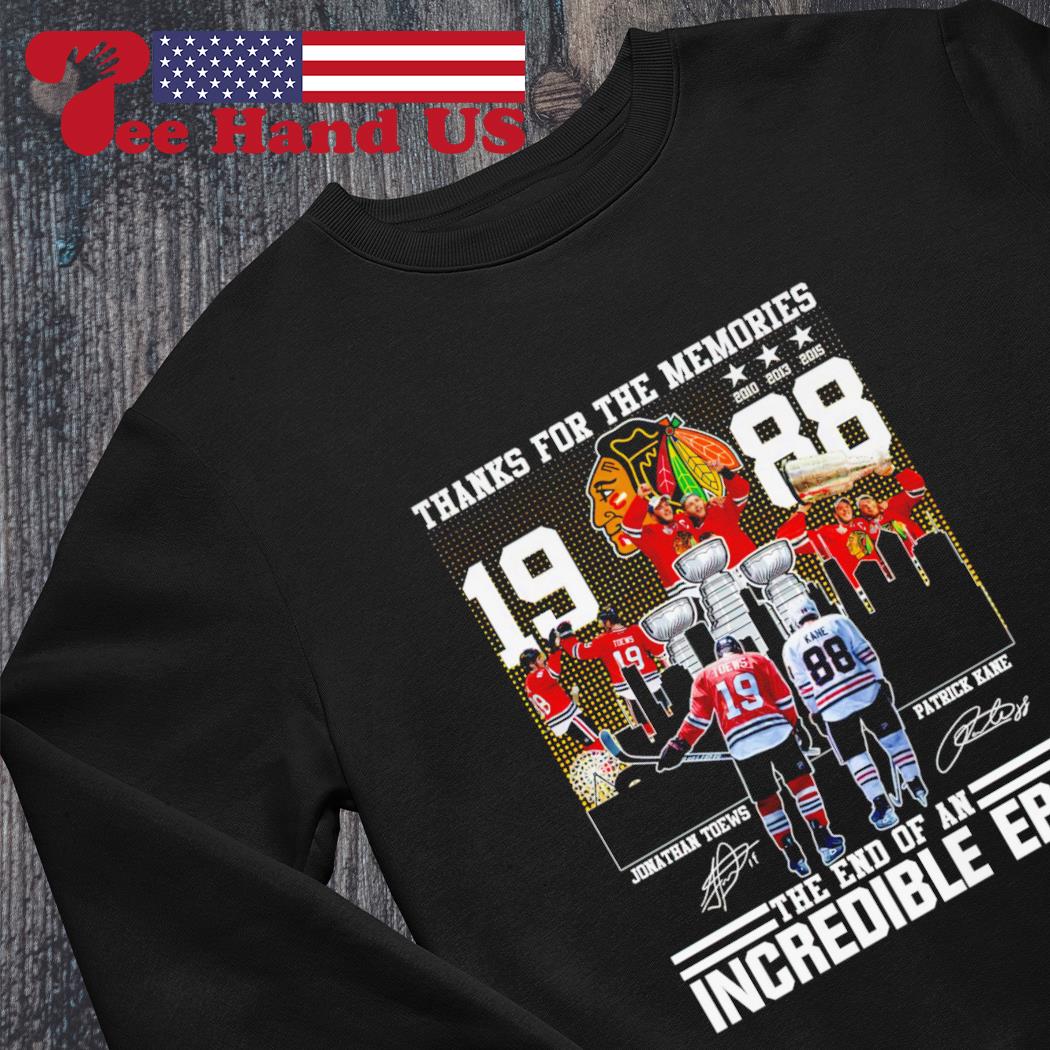 Official Jonathan Toews and Patrick Kane the end of an incredible era  memories signatures T-Shirt, hoodie, sweater, long sleeve and tank top