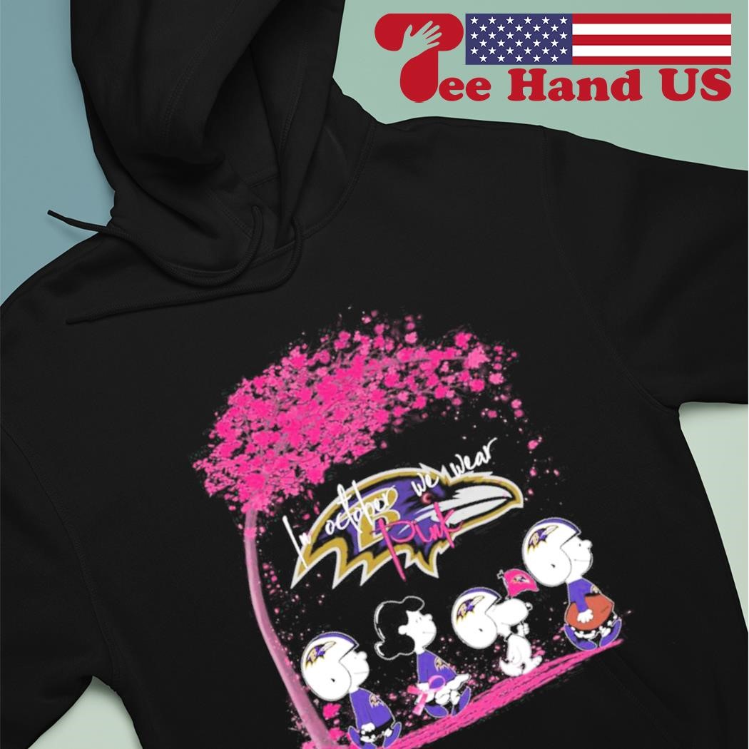 Baltimore Ravens Peanuts characters in October we wear pink shirt, hoodie,  sweater, long sleeve and tank top