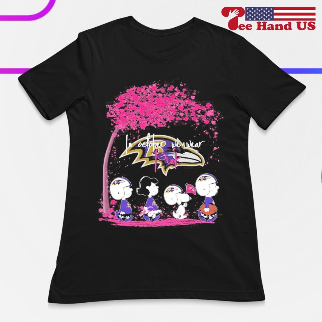 Peanuts Characters Baltimore Ravens In October We Wear Pink Fall Shirt