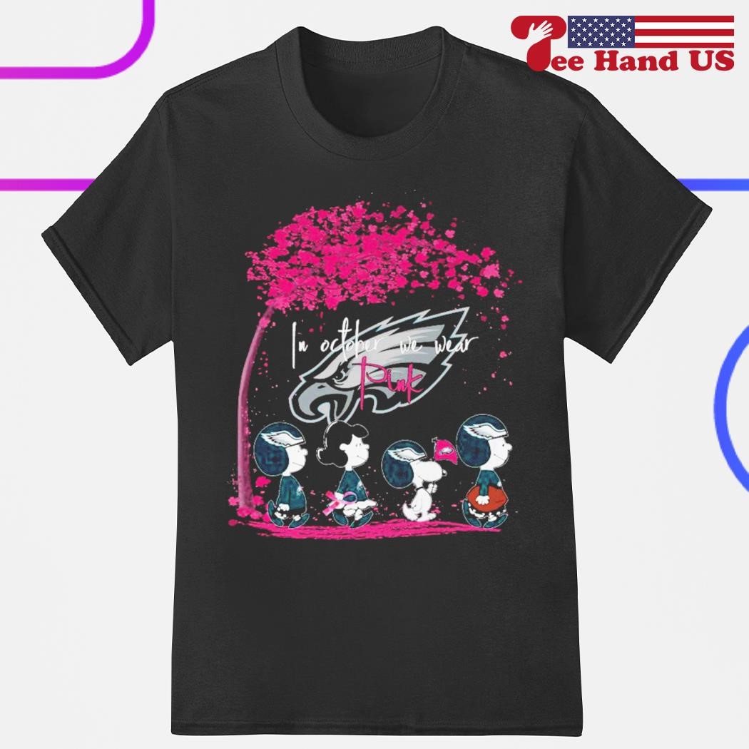 Philadelphia Eagles Peanut characters in october we wear pink 2023 t-shirt,  hoodie, sweater, long sleeve and tank top