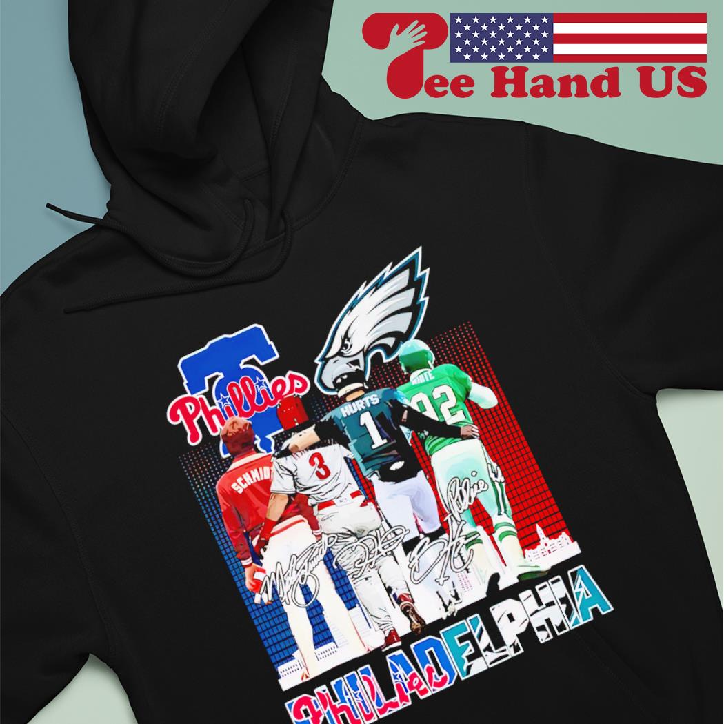 Philadelphia Phillies And Philadelphia Eagles Mike Schmidt Bryce Harper  Jalen Hurts And Kyzir White Signatures t-shirt - ColorfulTeesOutlet