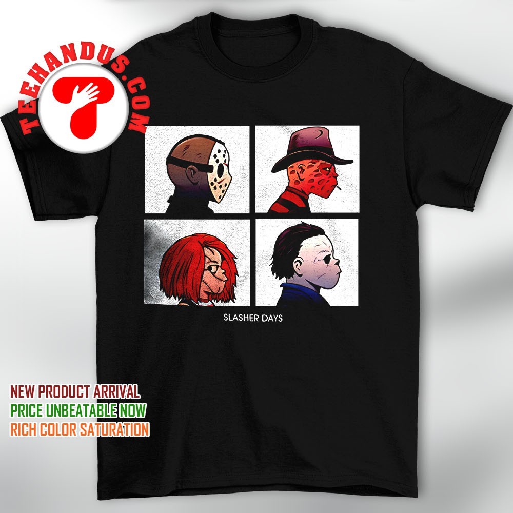 Jason Voorhees Freddy Krueger Chucky and Michael Myers X Gorillaz' Demon  Days Slasher Days shirt, hoodie, sweater, long sleeve and tank top, image size:1000x1000